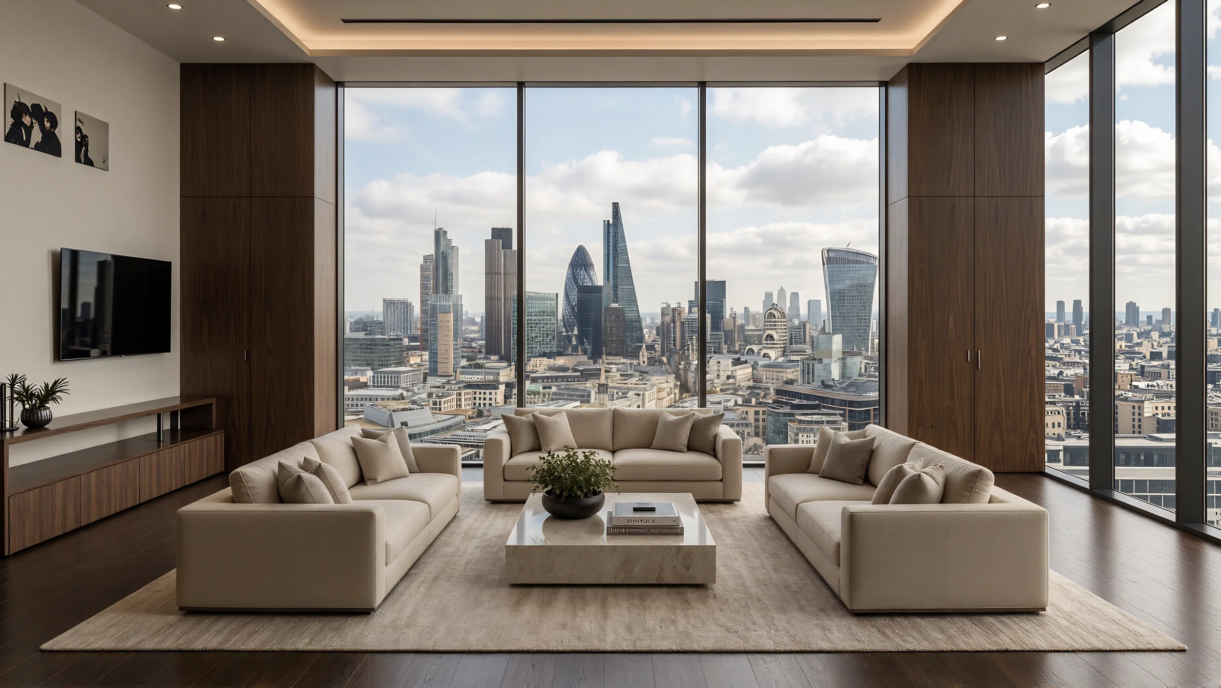 Modern living room with large floor-to-ceiling windows showing a city skyline including skyscrapers. Interior features cream-colored sofas, a marble coffee table, a wooden media console, and wall art.