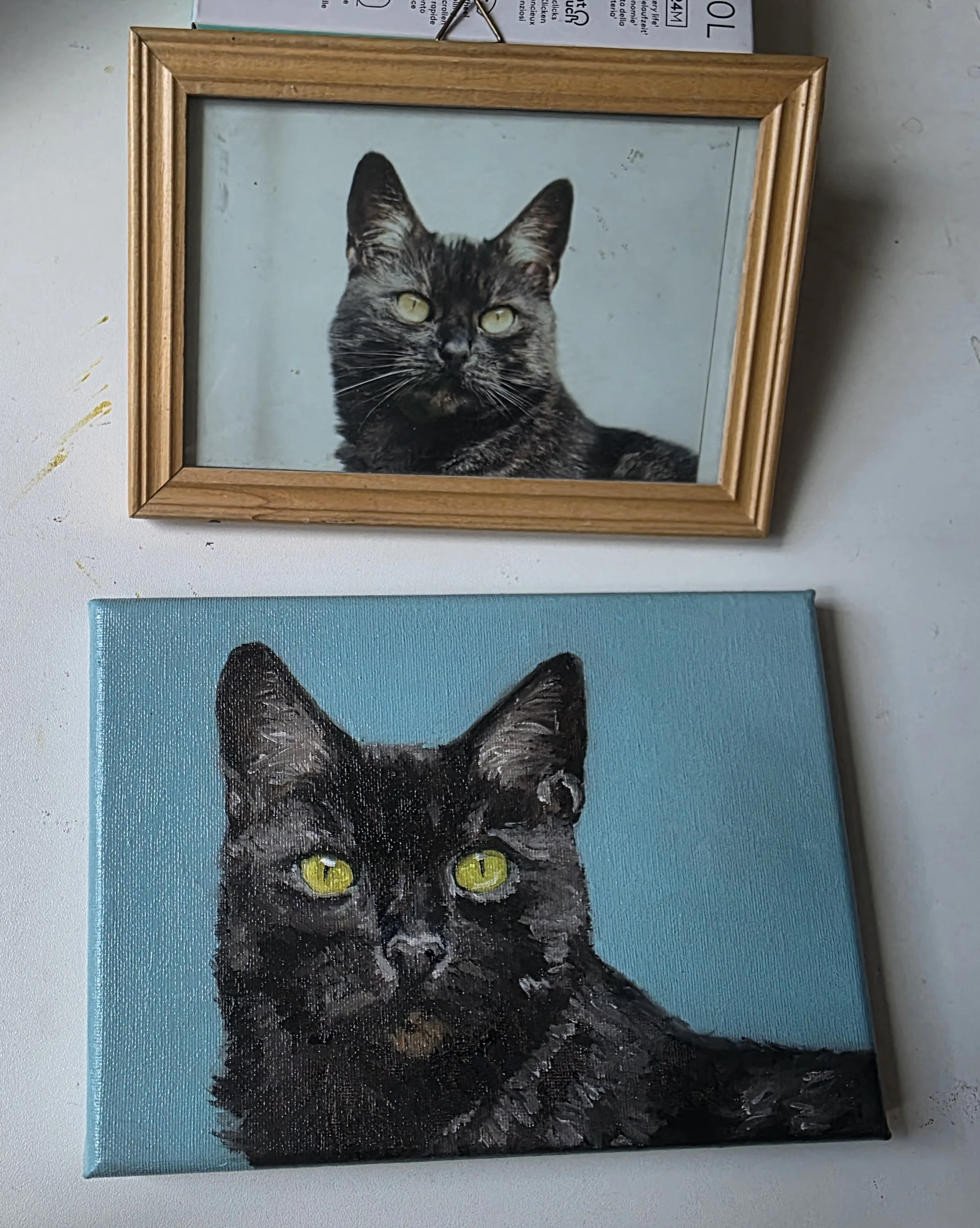 Gemälde eines schwarzen Katers mit gelben Augen auf einem blauen Hintergrund.