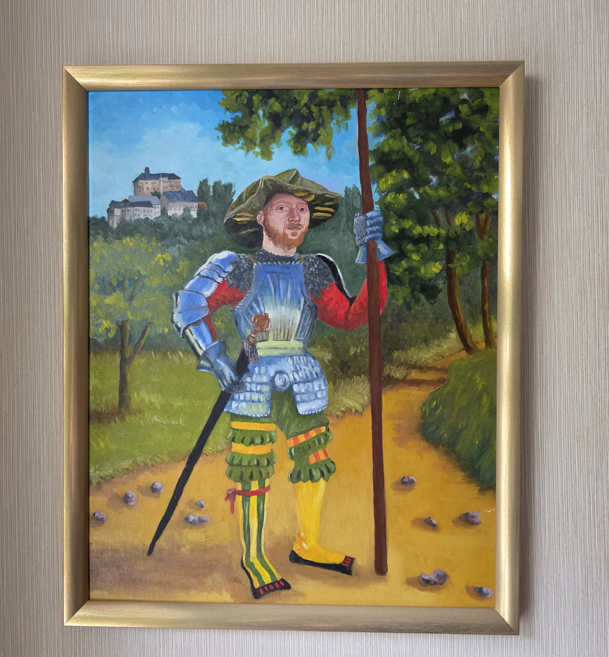 Porträt meines Mannes mit Landsknechtkleidung 1525, Hintergrund Schloss Wernigerode