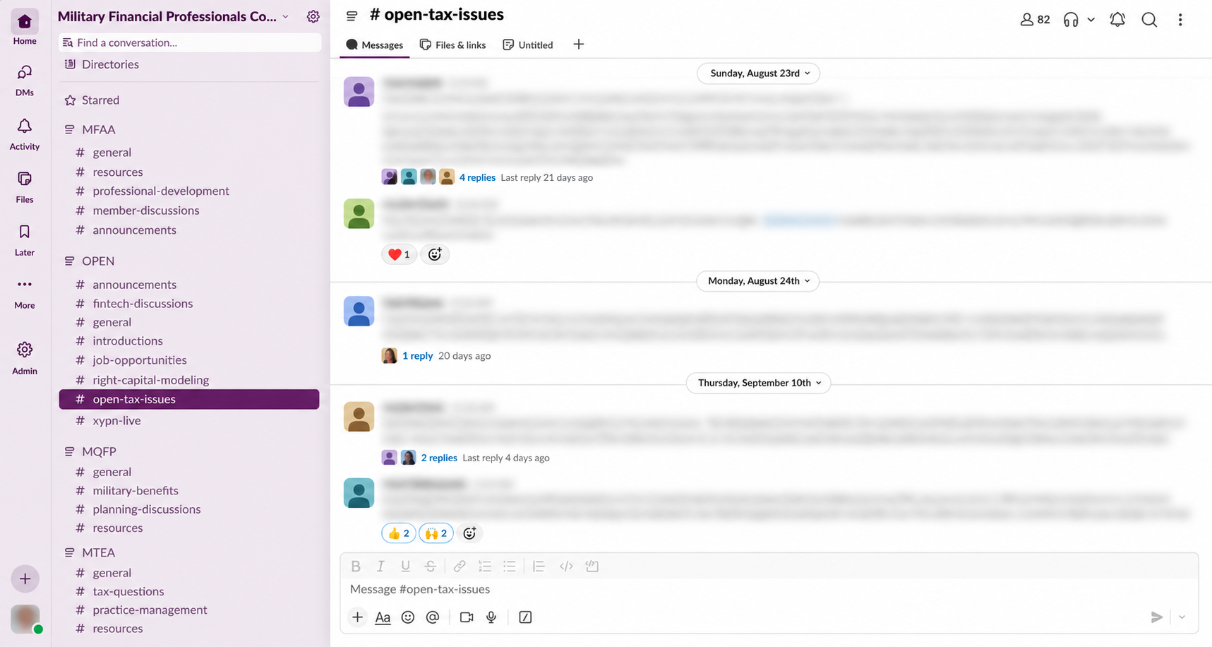 Screenshot of a Slack workspace showing a channel named #open-tax-issues within a financial professionals community. The left sidebar displays various channels, and the main window shows recent messages with replies, reactions, and timestamps. The top navigation includes icons for members, notifications, and search functions.
