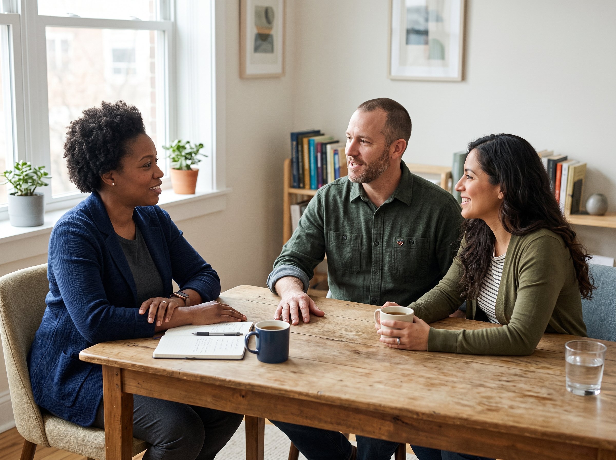 Three people engaged in a professional conversation around a table.