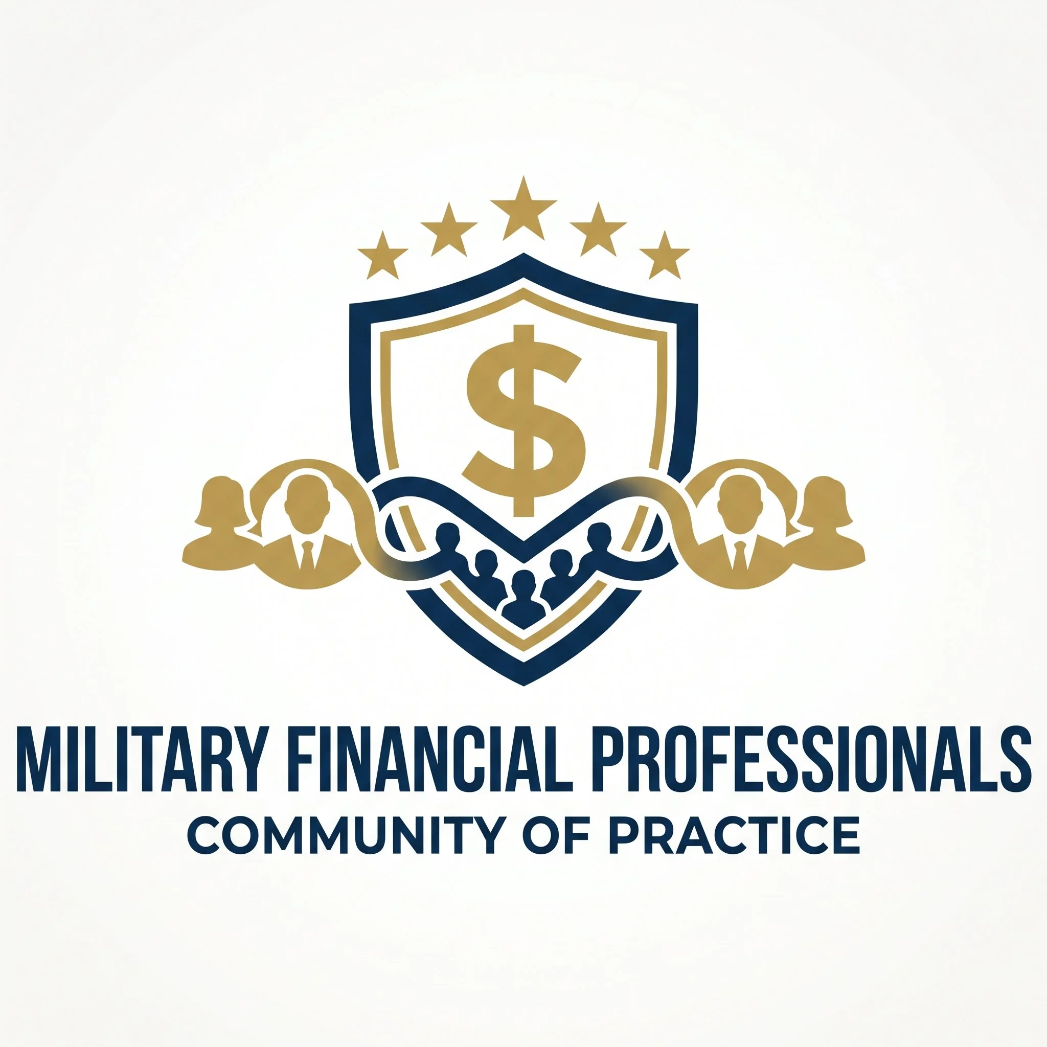 Logo for Military Financial Professionals Community of Practice featuring a shield with a dollar sign, five stars above, and silhouettes of people below.