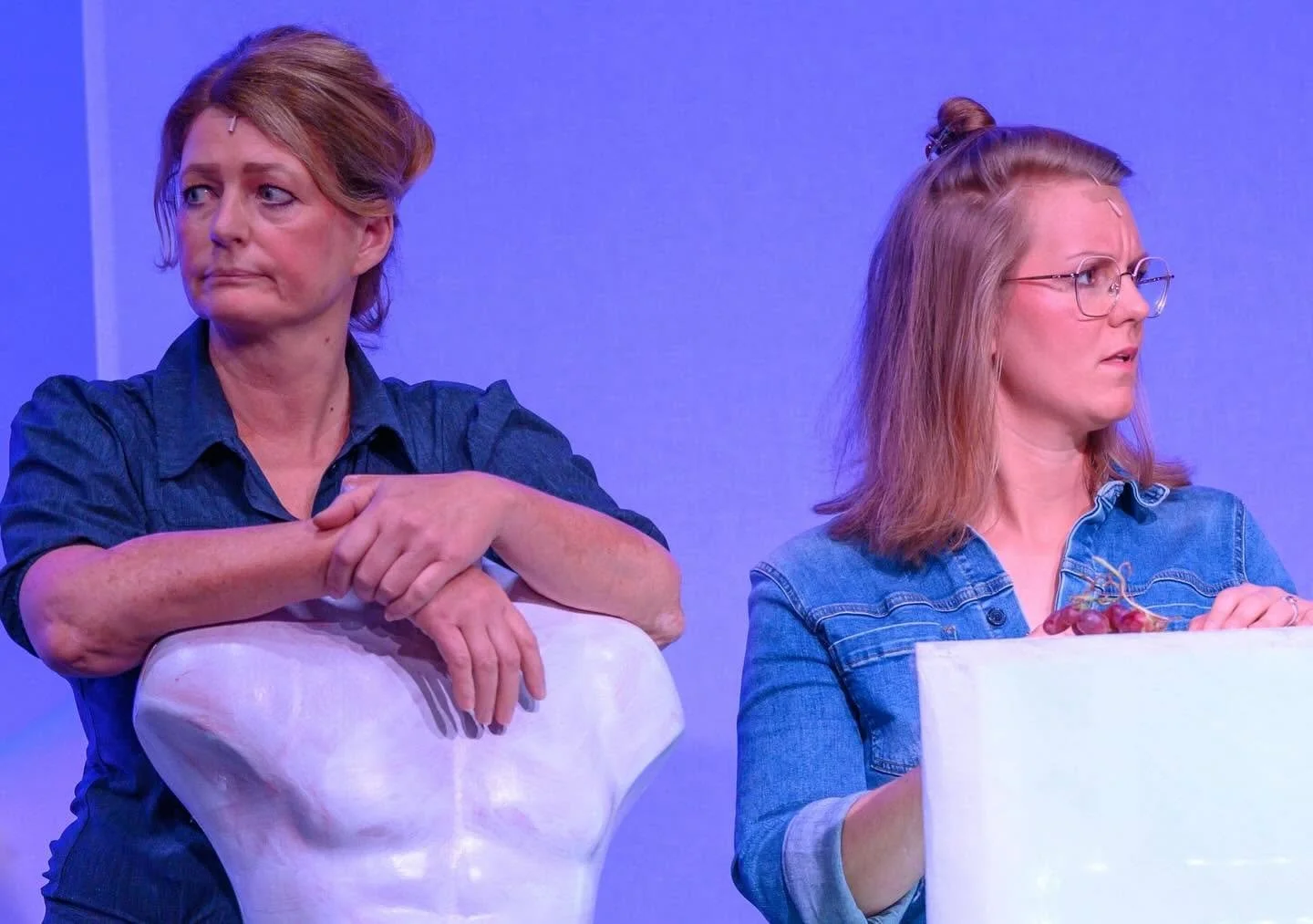 Twee vrouwen zitten aan een tafel met een blauwe achtergrond, de vrouw aan de linkerkant heeft haar armen over elkaar en kijkt naar links, de vrouw aan de rechterkant kijkt verbaasd of verward, met een boek of papier voor haar.