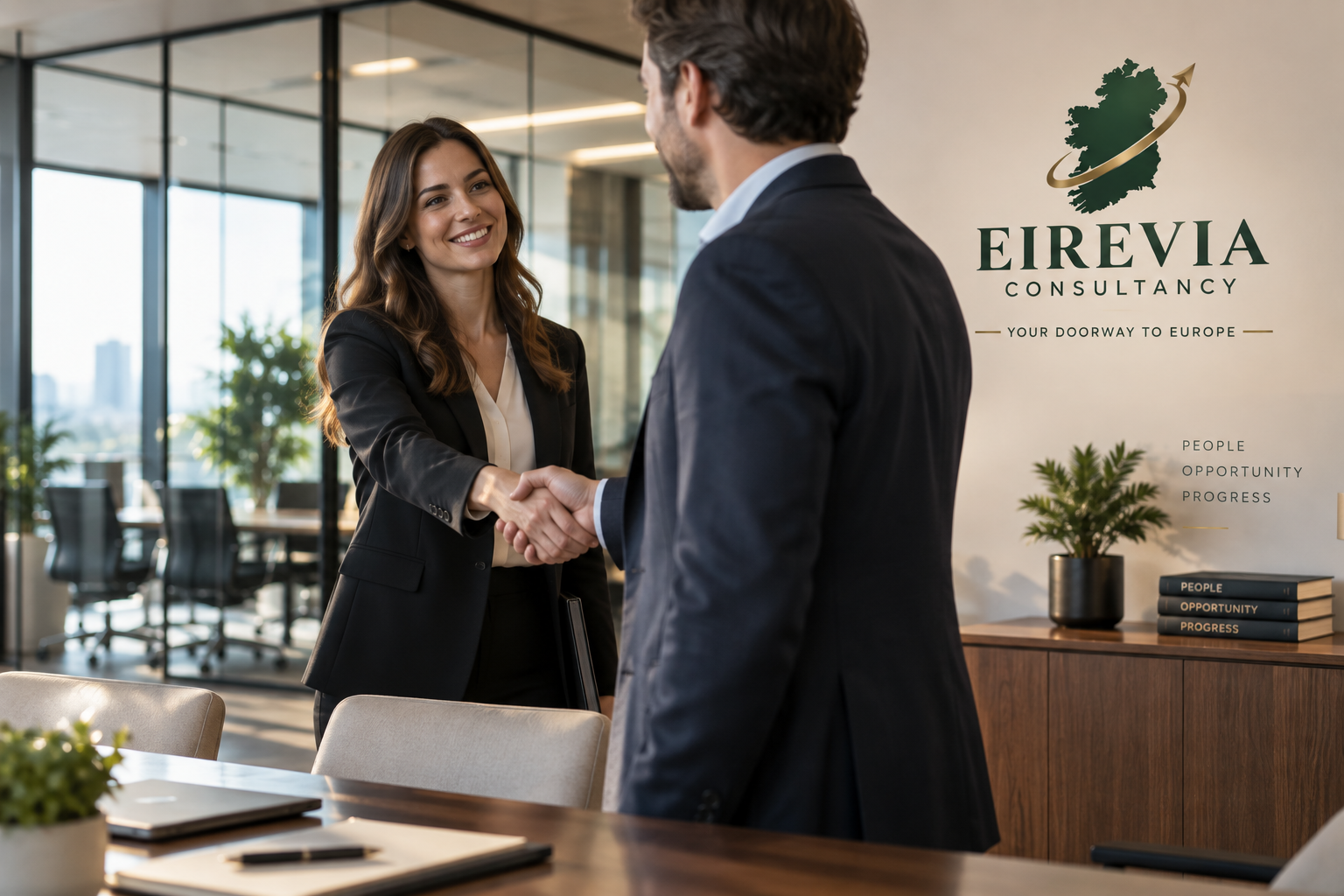 Two business professionals shaking hands in a modern office, with the Eirevia Consultancy logo and slogan on the wall behind them.