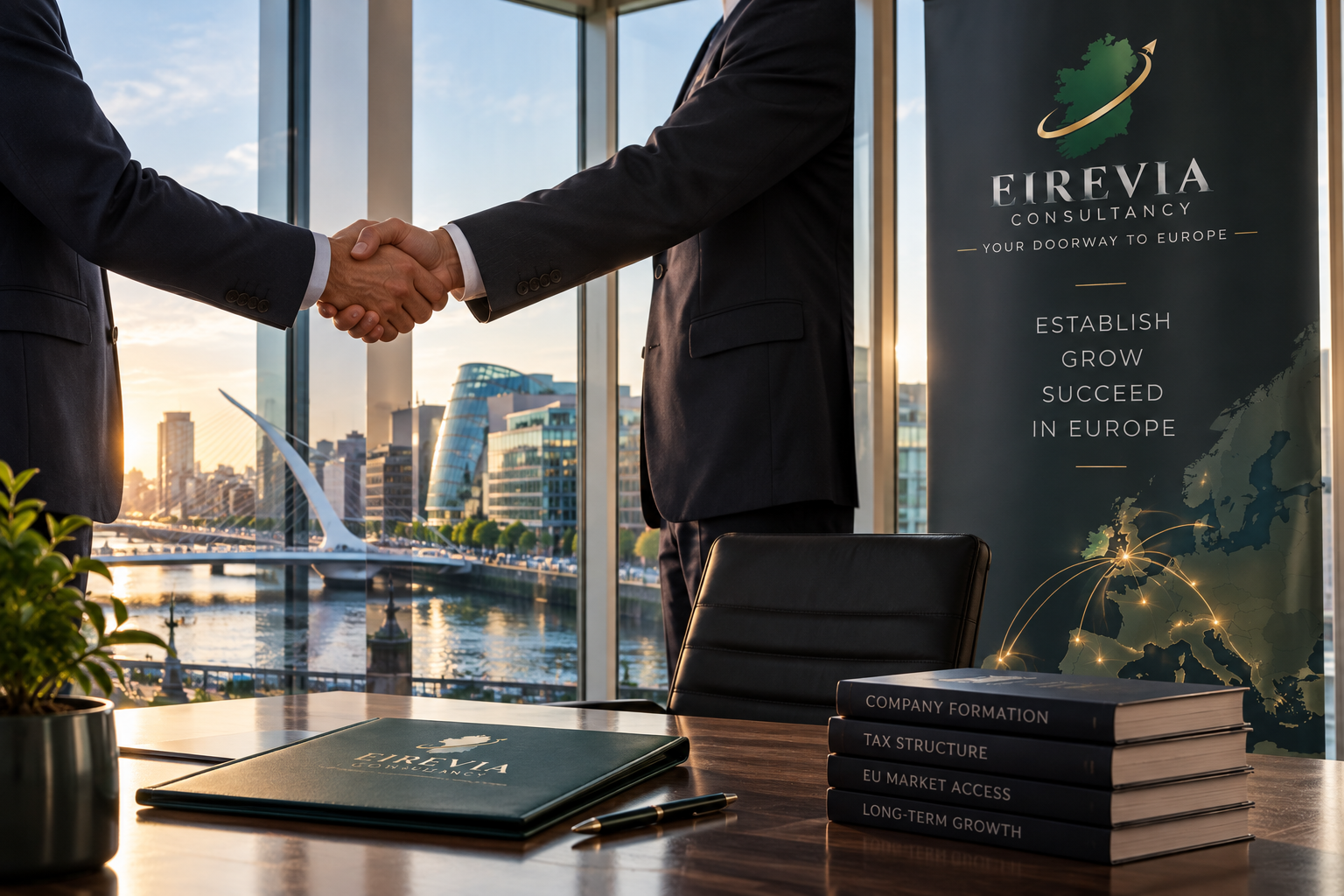 Two businessmen shake hands in a modern office with a view of a river and cityscape, including a distinctive curved building and a bridge, during sunset. On the table are a folder, a pen, and a stack of books titled 'Company Formation,' 'Tax Structure,' 'EU Market Access,' and 'Long-Term Growth.' A banner displays 'Eirevia Consultancy' with the slogan 'Your door to Europe' and advises to establish, grow, and succeed in Europe.