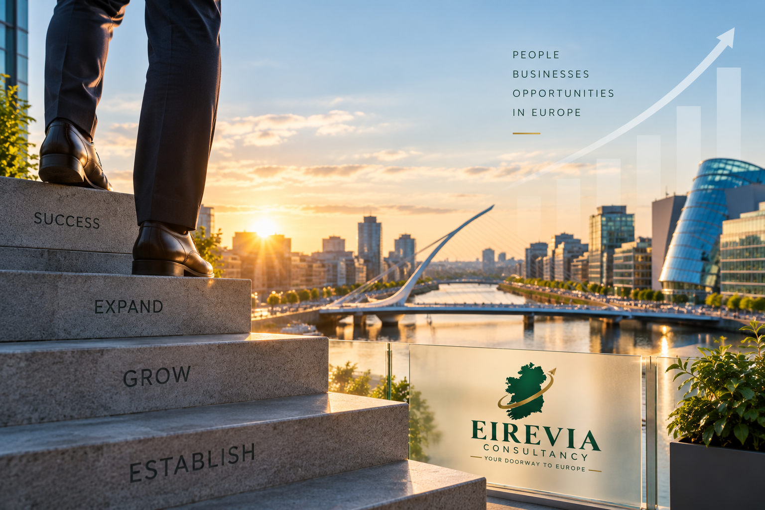 Cityscape view at sunset with modern buildings and a river, featuring a staircase with business success progress steps labeled 'Establish,' 'Grow,' 'Expand,' and 'Success.'