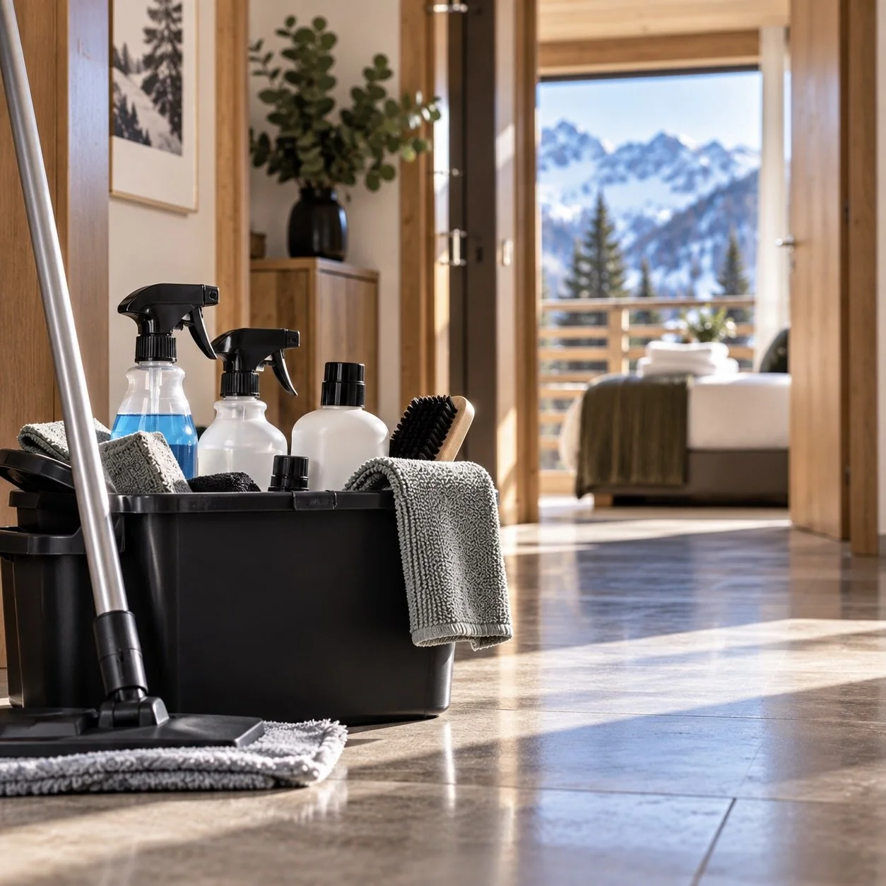 Une caisse contenant des produits de nettoyage, des chiffons et une brosse, près d'un sol en carrelage, avec un décor intérieur en bois et une vue sur des montagnes enneigées à travers une porte-fenêtre.