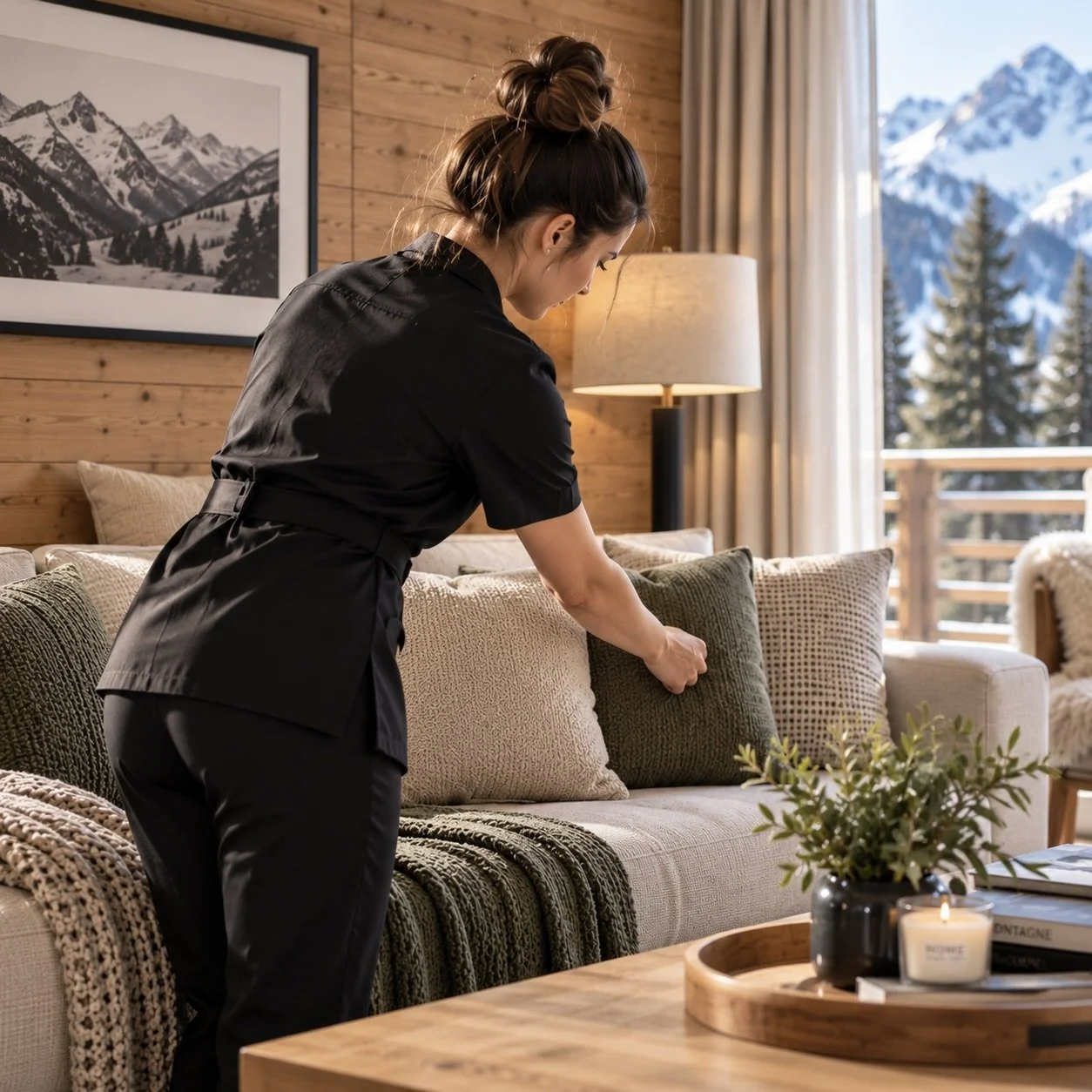 Une femme portant un uniforme noir arrange des coussins sur un canapé dans un salon avec vue sur des montagnes enneigées.