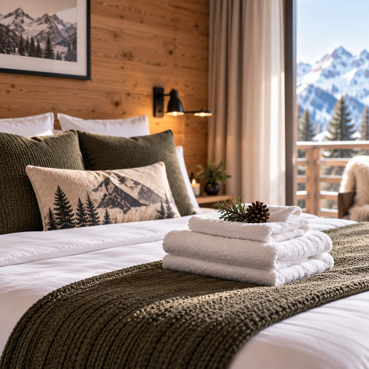 Lit de chambre avec oreillers à motifs montagnards, serviettes blanches pliées avec branche de pin et pomme de pin, décor chaleureux en bois, vue sur montagnes enneigées depuis le balcon.