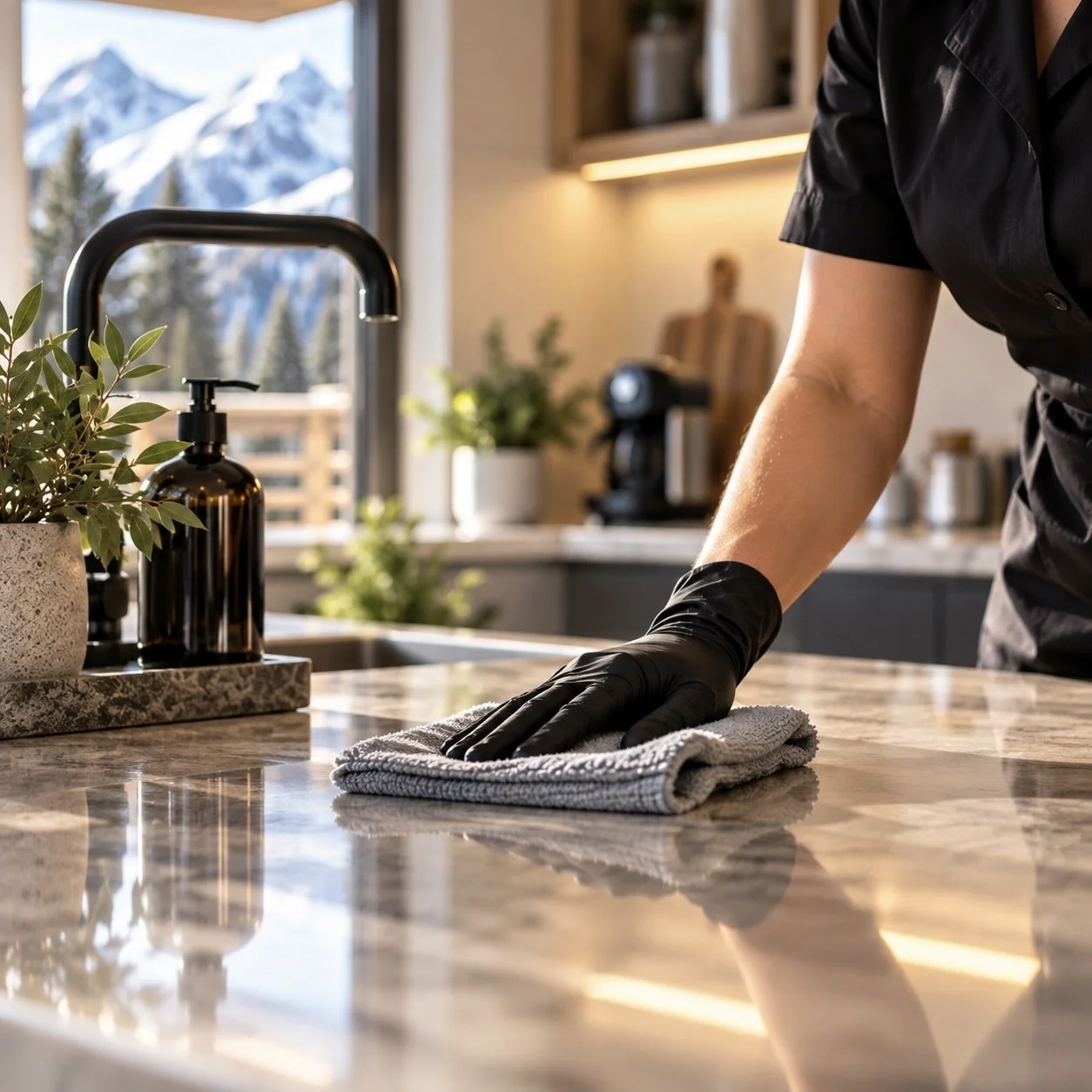 Une personne portant des gants noirs nettoie une surface de cuisine en essuyant avec un chiffon gris. La cuisine est bien éclairée avec une vue sur des montagnes enneigées à travers la fenêtre.