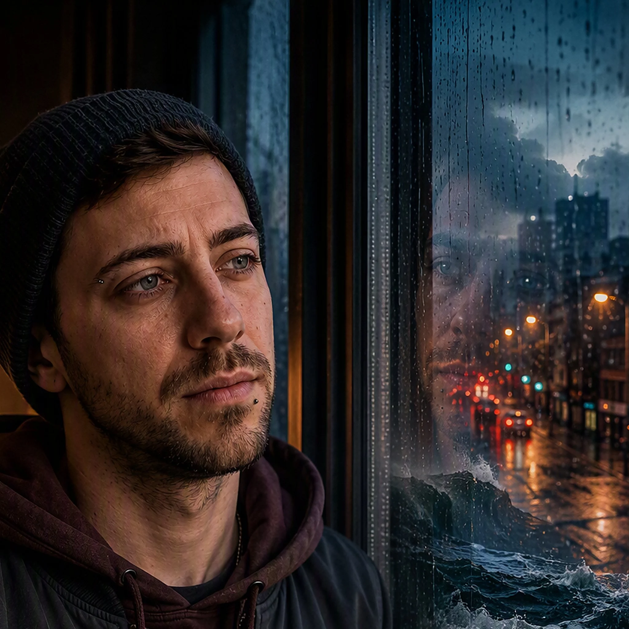 A young man wearing a checked hoodie and a dark jacket looks out a rain-streaked window on a cloudy evening.