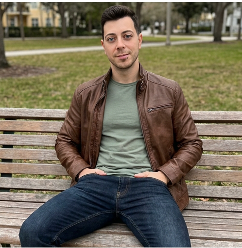 Young man sitting on a park bench with a green grass park and trees in the background.
