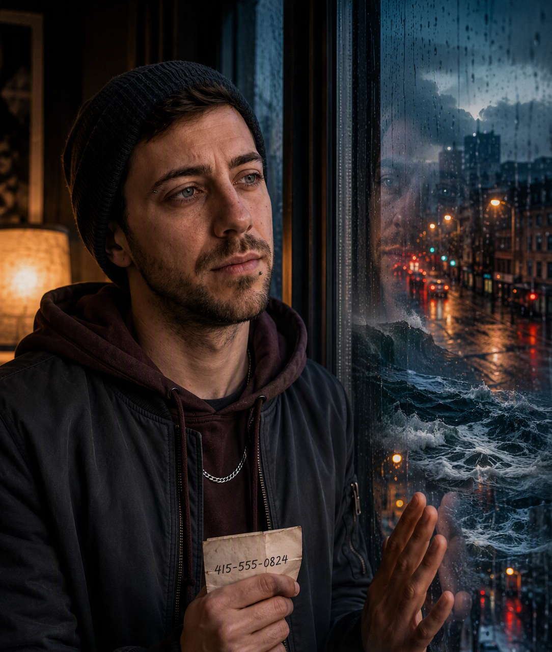 A man stands by a rain-streaked window, looking out at a dark, rainy city street at dusk, with his hand touching the glass.