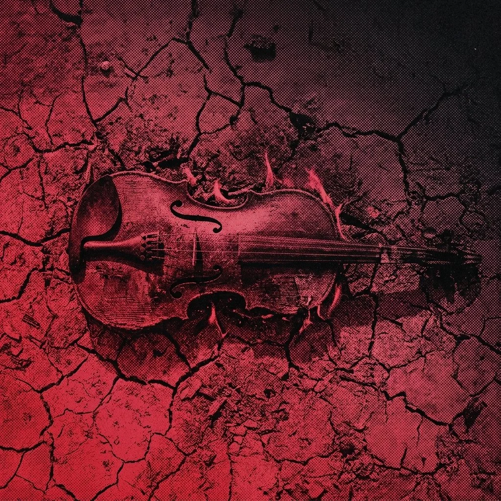 A stylized image of a violin lying on cracked, dry ground with a red overlay.