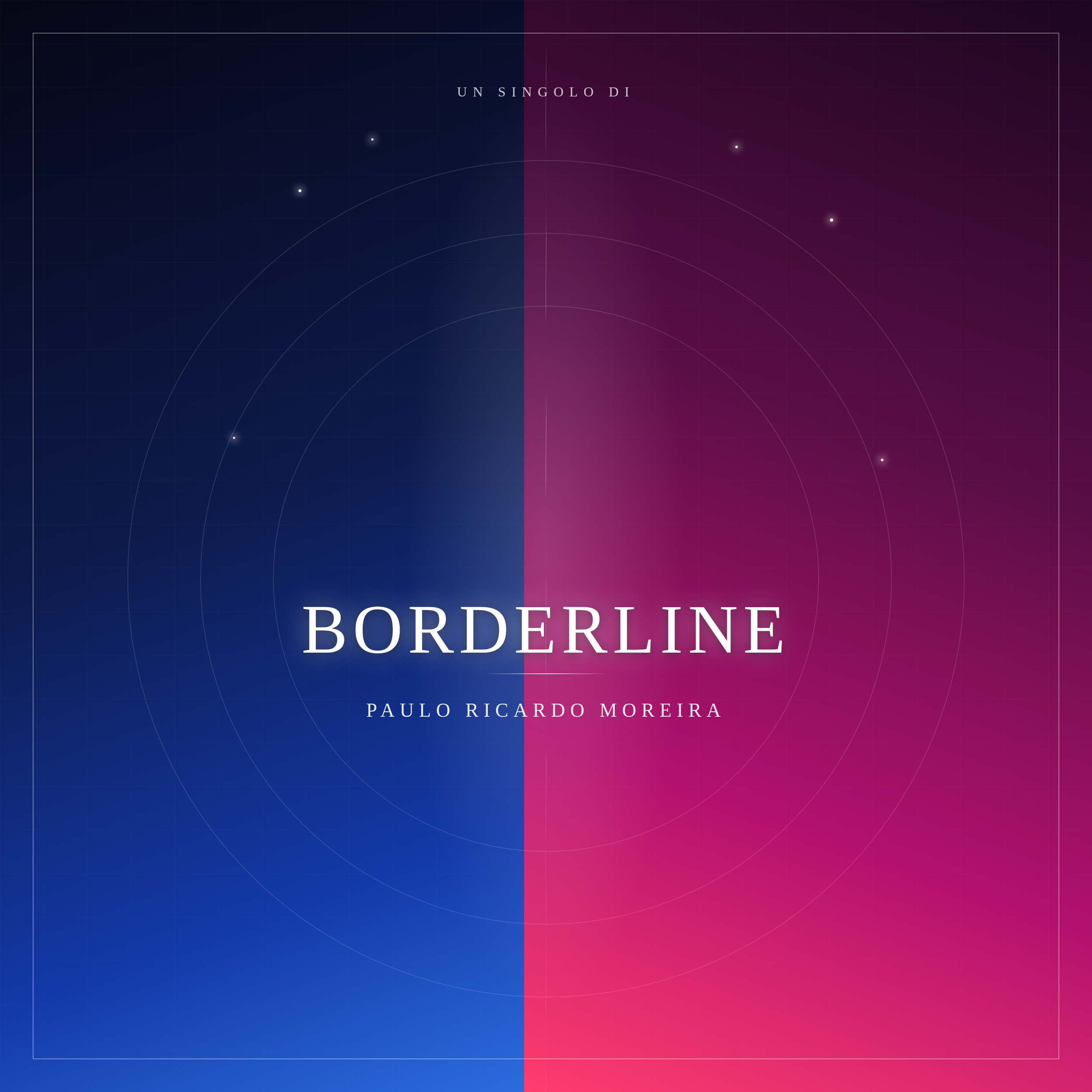 A book cover titled 'Borderline' by Paulo Ricardo Moreira has a dark blue and purple gradient background with faint geometric lines and small white dots resembling stars, with the title and author text in white.