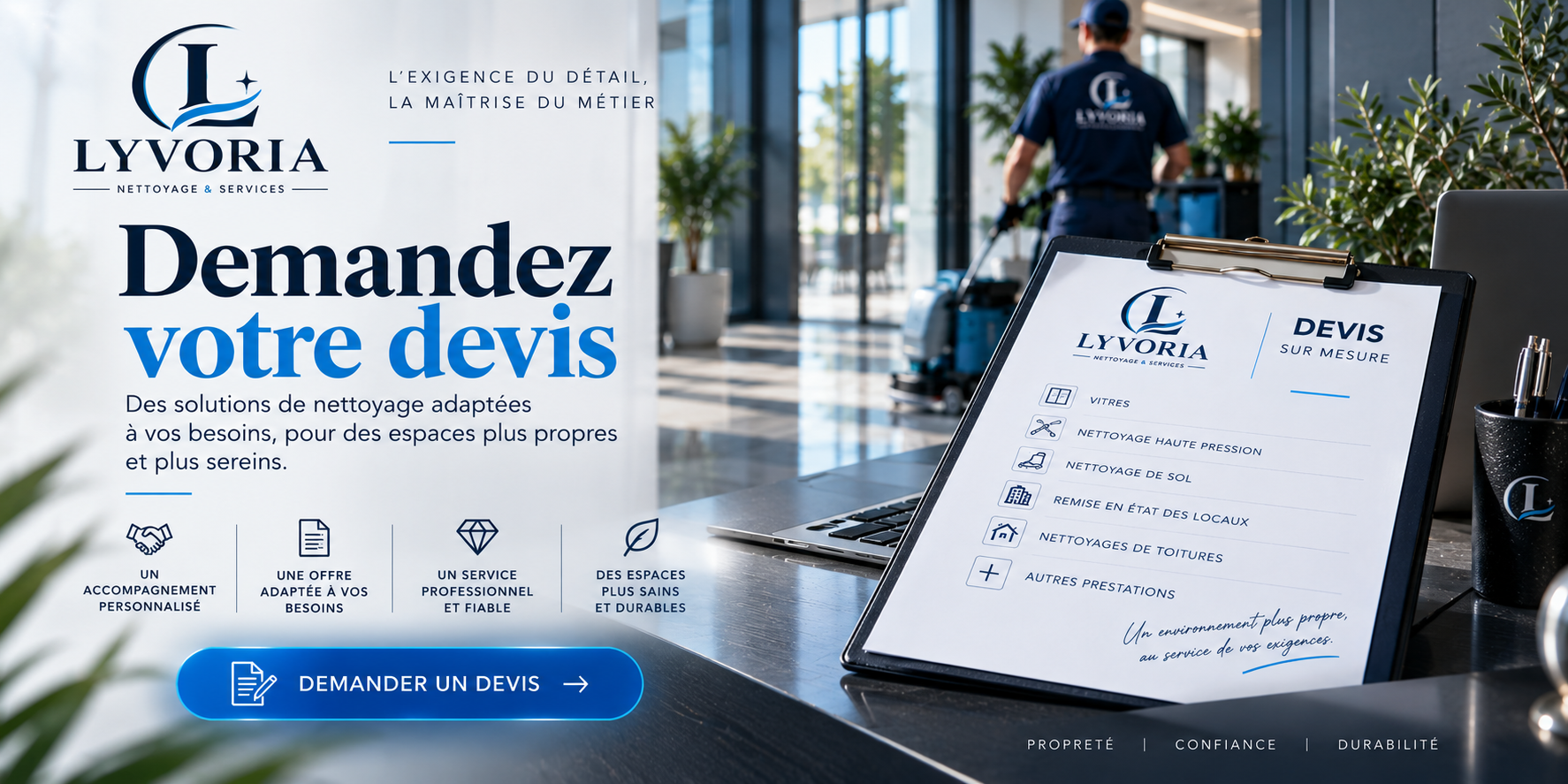 Affiche publicitaire de la société Lyvoria, proposant des solutions de nettoyage personnalisées. Un agent en uniforme nettoie un espace intérieur. Le panneau d'offre de devis présente les services disponibles tels que nettoyage de vitres, nettoyage haute pression, nettoyage de sols, remise en état des locaux, nettoyage de toitures, autres prestations.