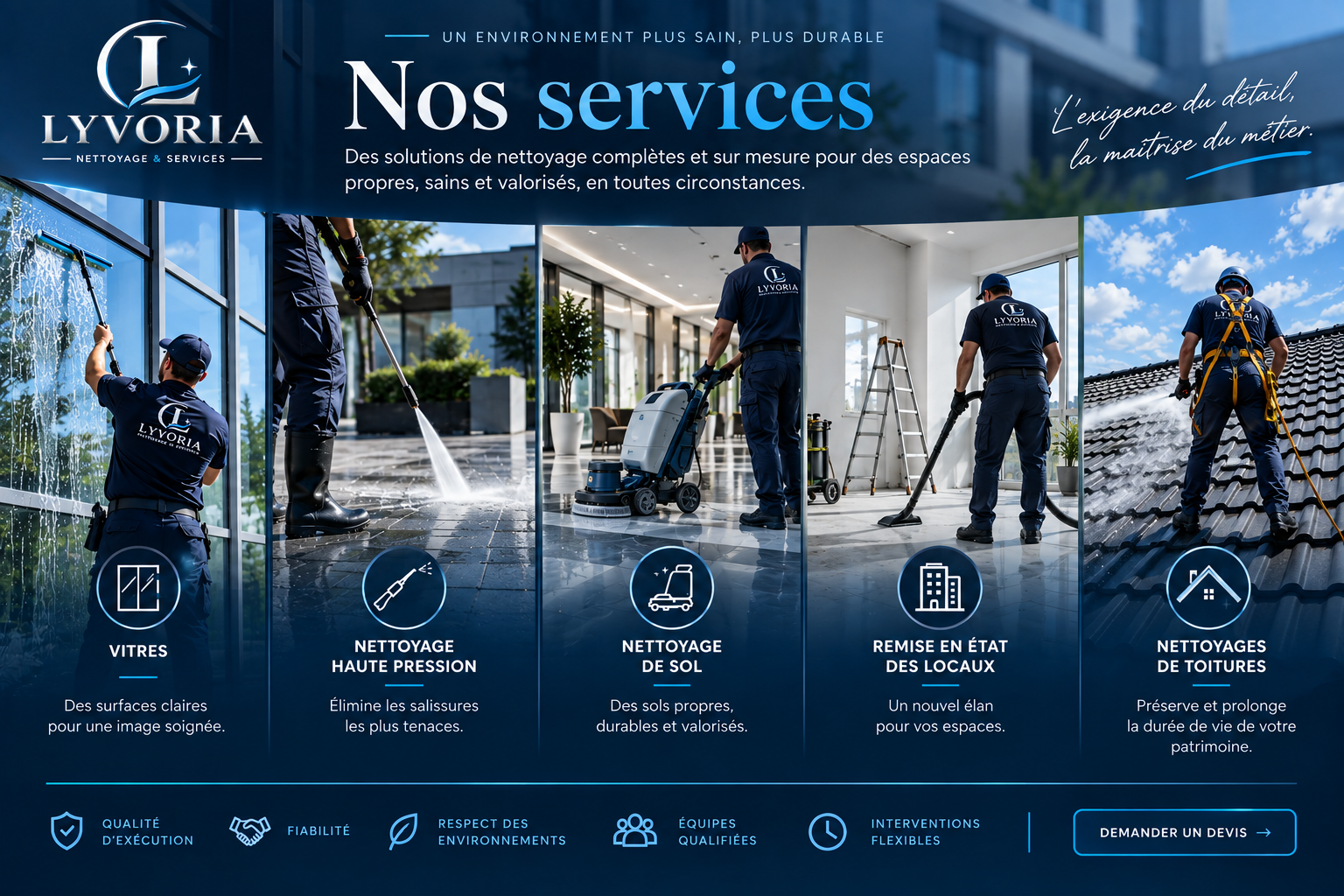 Une affiche promotionnelle pour l'entreprise de nettoyage Lyvoria, présentant leurs services tels que nettoyage de vitres, nettoyage haute pression, nettoyage de sol, remise en état des locaux et nettoyages de toitures, avec des images de travailleurs en action.