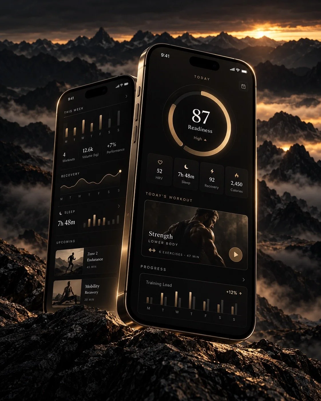 Vantae Performance fitness app showing readiness score and workout tracking.