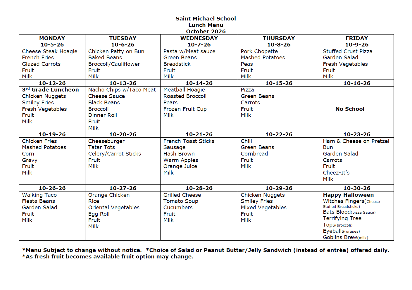 Saint Michael School lunch menu for October 2026, listing daily meals including cheese steak hoagie, chicken patty on bun, pasta with meat sauce, pork chopette, stuffed crust pizza, and other items across the weekdays.