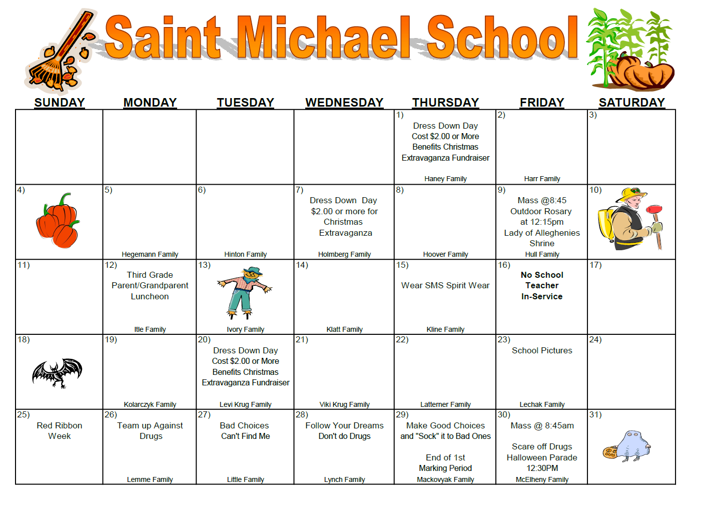 School calendar for Saint Michael School, showing events and activities for each day of October, including dress-down days, family luncheons, religious services, picture day, and Halloween parade, with themed illustrations such as pumpkins, a broom, a firefighter, a bat, a scarecrow, and a ghost.
