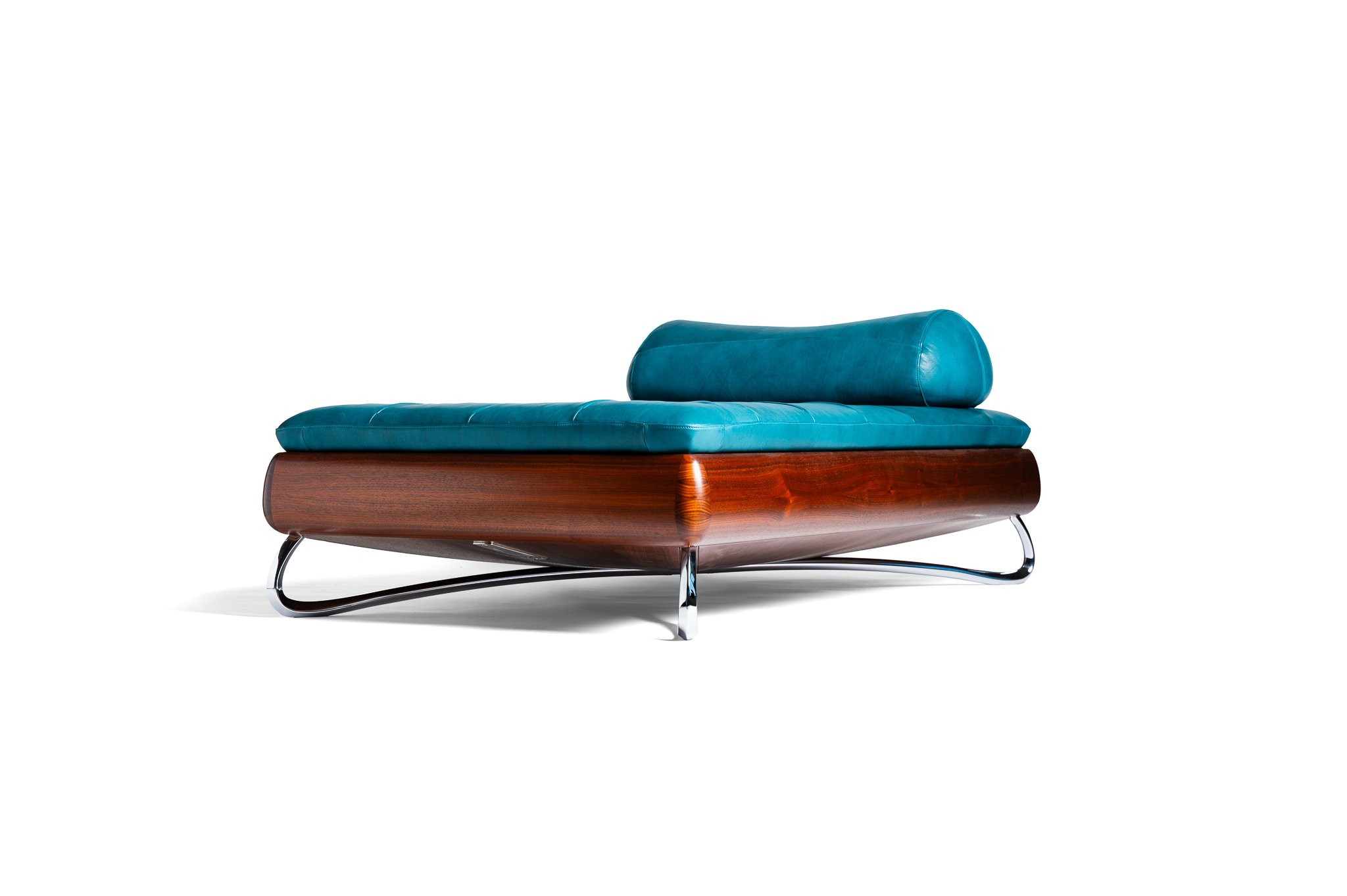 Rosetta Daybed in stained American walnut and full-grain Ocean leather.