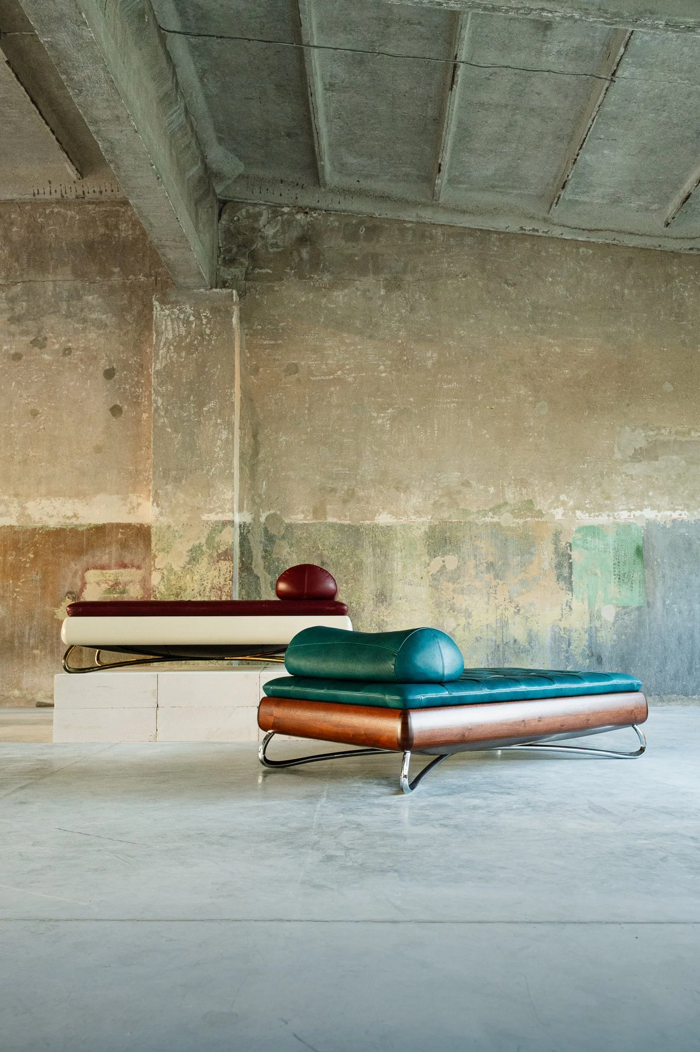 Rosetta Daybed in stained American walnut and full-grain Ocean leather. Rosetta Daybed in high-gloss ivory, ziricote and full-grain Ruby leather.