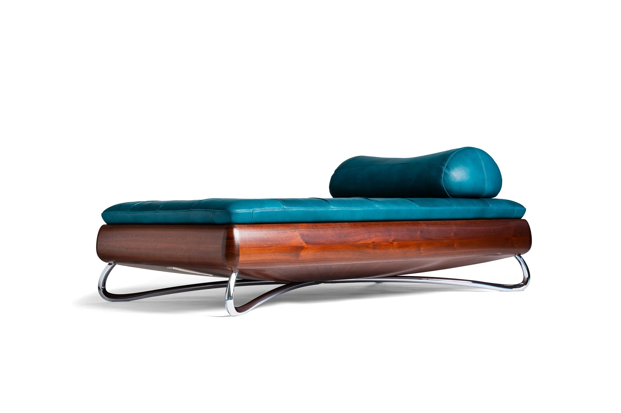 Rosetta Daybed in stained American walnut and full-grain Ocean leather.