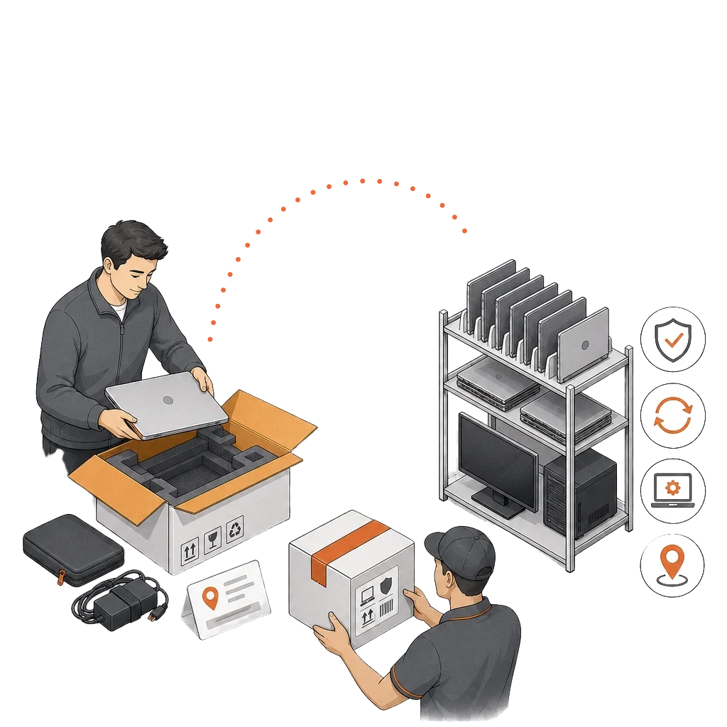 itmann remote device returns for laptop returns, monitor, store your laptops at warehouse and ship to 31 countries inside European Union and global customised solutions