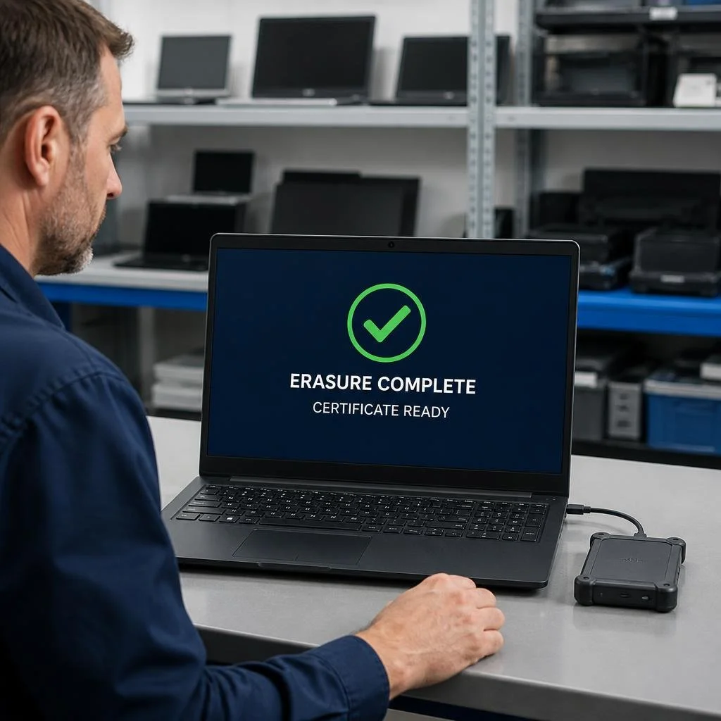 A man is sitting at a desk with a laptop, which shows a message that reads 'ERASURE COMPLETE, CERTIFICATE READY' with a green checkmark. In the background, shelves contain multiple electronic devices and computers. Contact ITmann