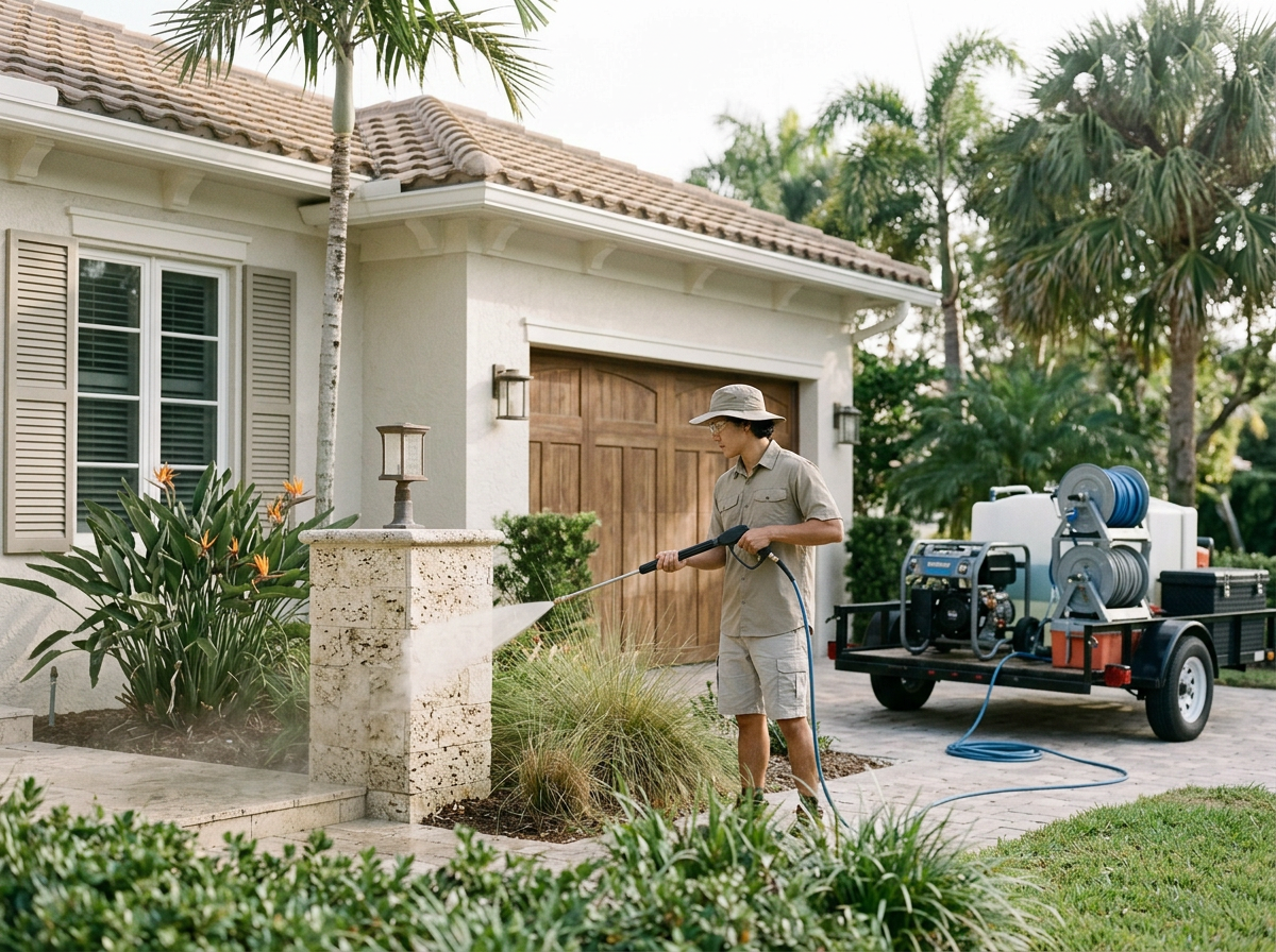 A person wearing a hat and khaki uniform is spraying water on plants in the front yard of a house. There is a trailer with equipment for watering in the background.