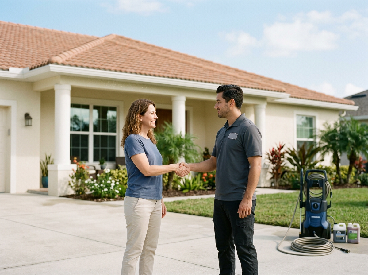 A woman and a man shaking hands in front of a house with landscaping. The man is dressed like a service technician with cleaning equipment nearby.