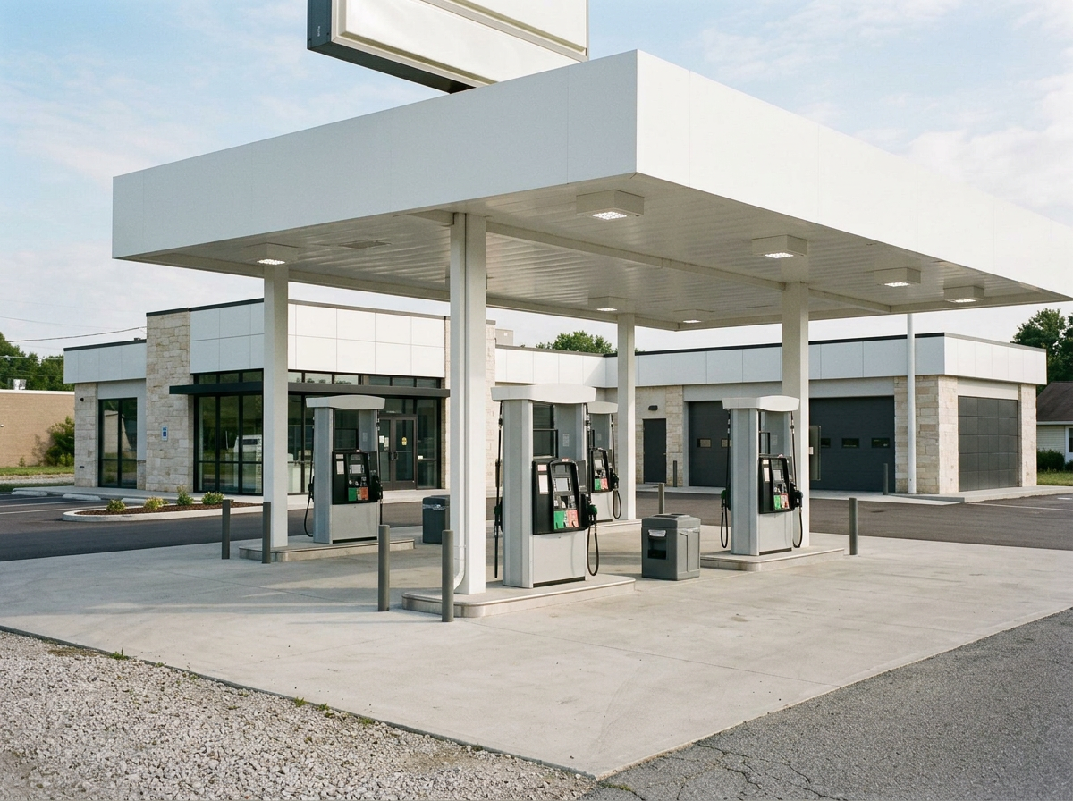 Gas station with three fuel pumps under a white canopy outside a modern building, with parking spaces and a trash can visible.