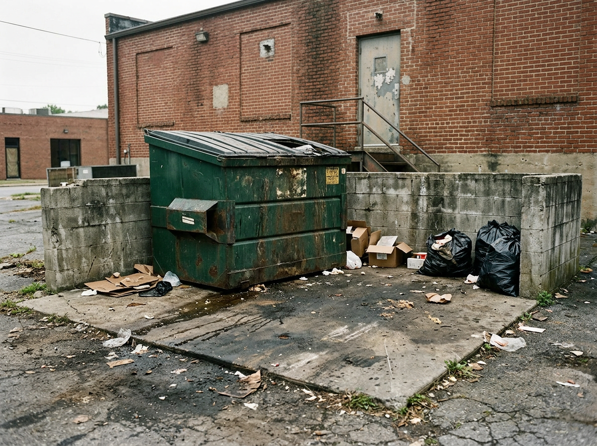 Overflowing green dumpster surrounded by trash bags, cardboard boxes, and scattered litter outside a brick building.