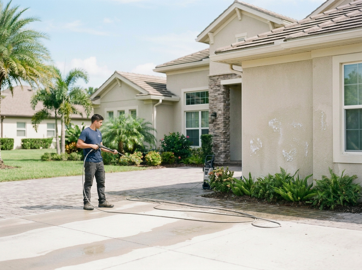 A man pressure washing a concrete driveway in front of a house with beige walls and a garden.
