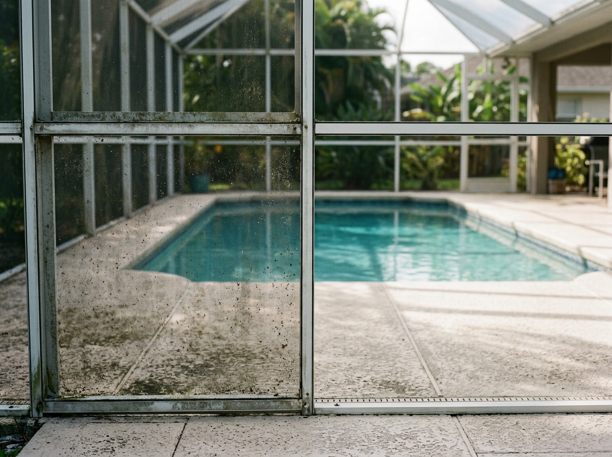 View through a dirty glass screen door showing an outdoor swimming pool and tropical plants in the background.