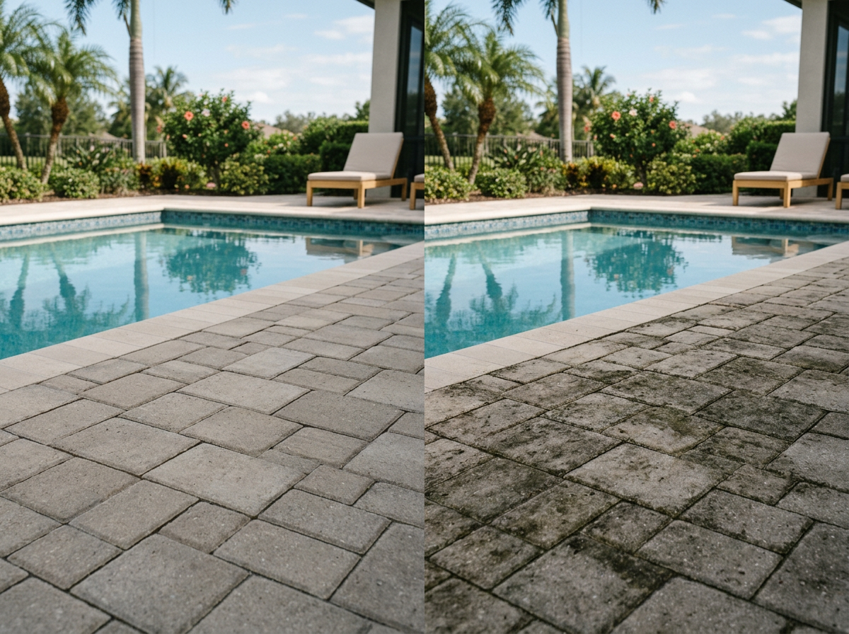 A side-by-side comparison of a swimming pool area, showing a paved stone pool deck with lounge chairs, lush tropical plants, and palm trees in a sunny outdoor setting.