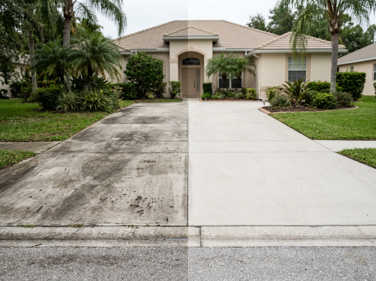 Split view of a house with a driveway, showing a dirty, stained side on the left and a clean, newly paved side on the right.