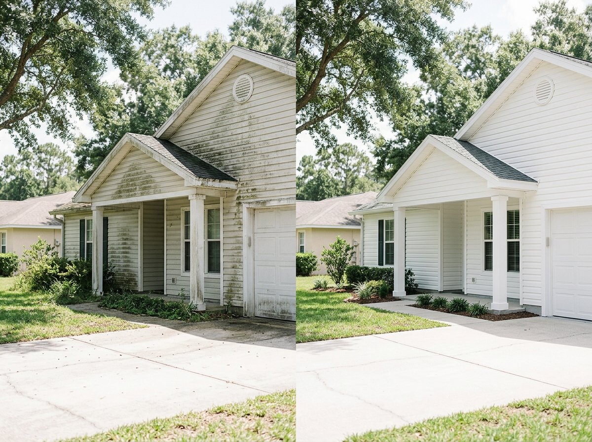 Side-by-side comparison of a house before and after cleaning, showing a house with dirty, moss-covered siding on the left and a clean, white house on the right.