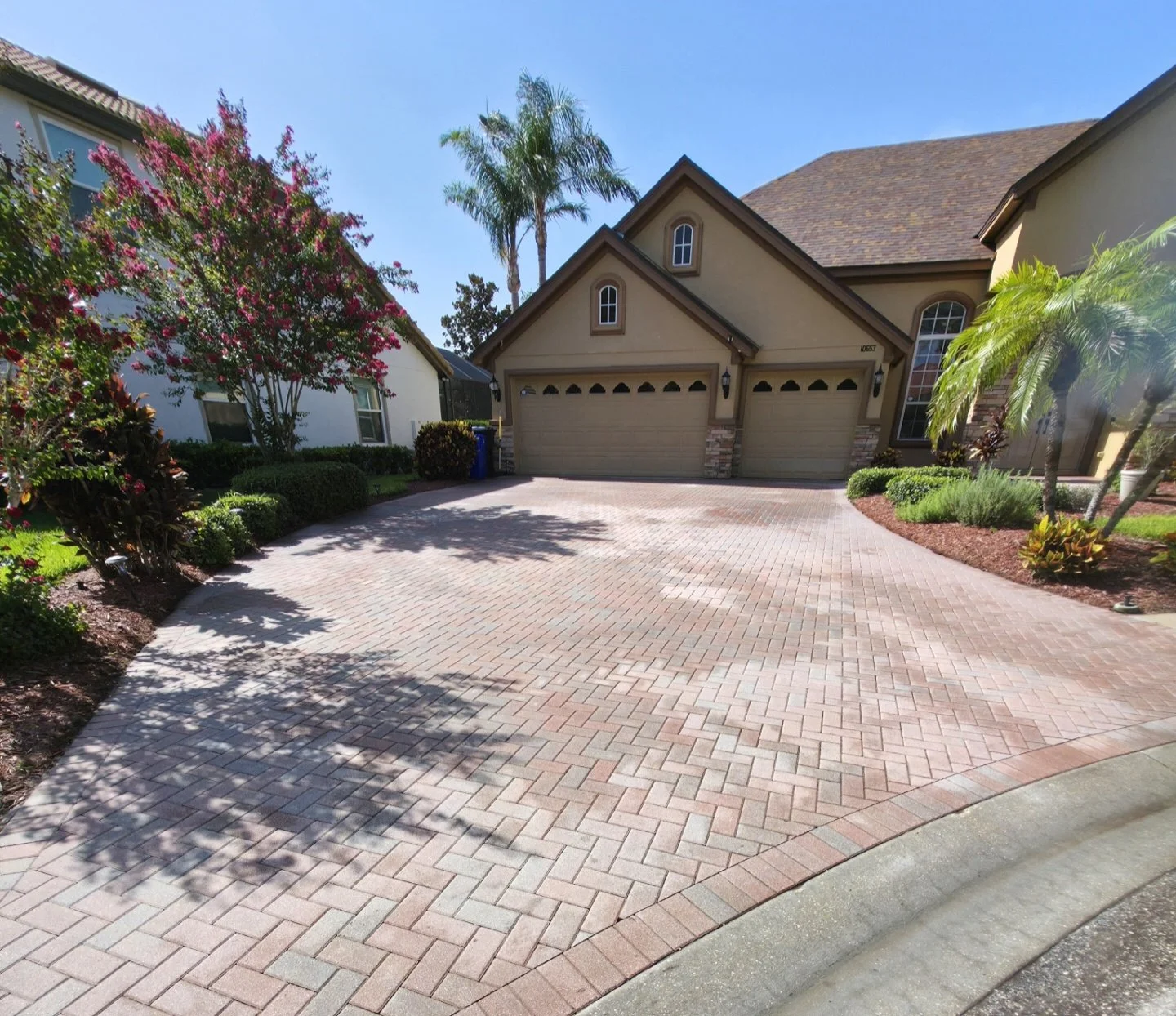 A driveway in front of a house with three garage doors, landscaping, palm trees, a flowering tree, and a blue sky.