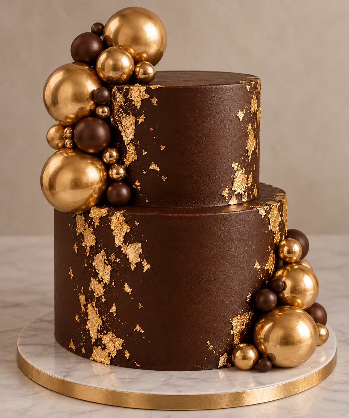 Two-tier chocolate cake decorated with gold and brown spherical ornaments and gold leaf accents.