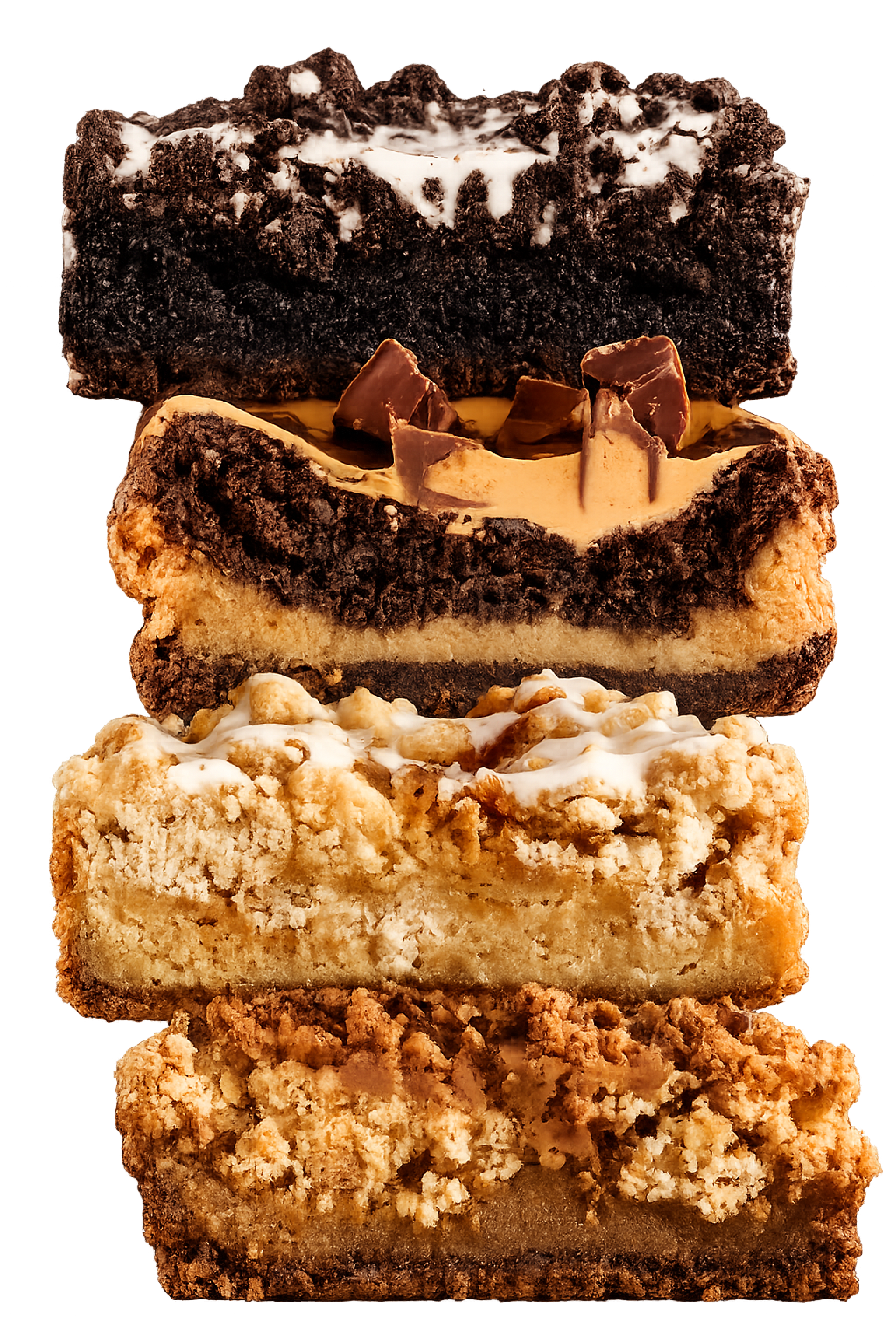 Four different types of layered dessert bars stacked on top of each other.