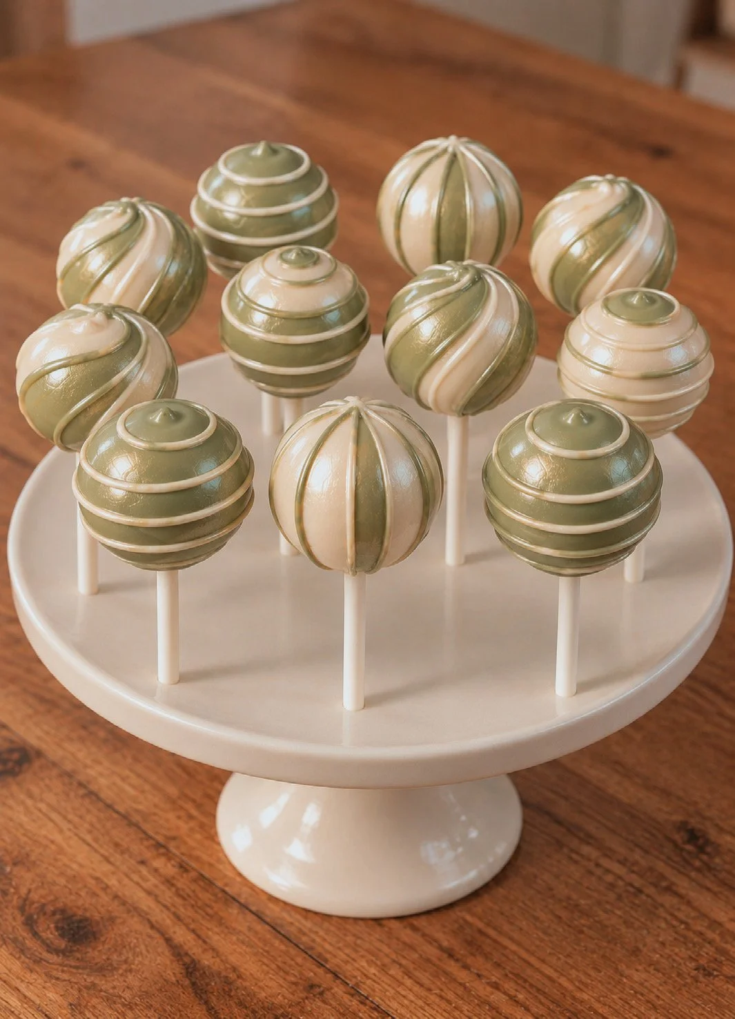 A white cake stand with ten green and white striped spherical cake pops arranged on sticks.