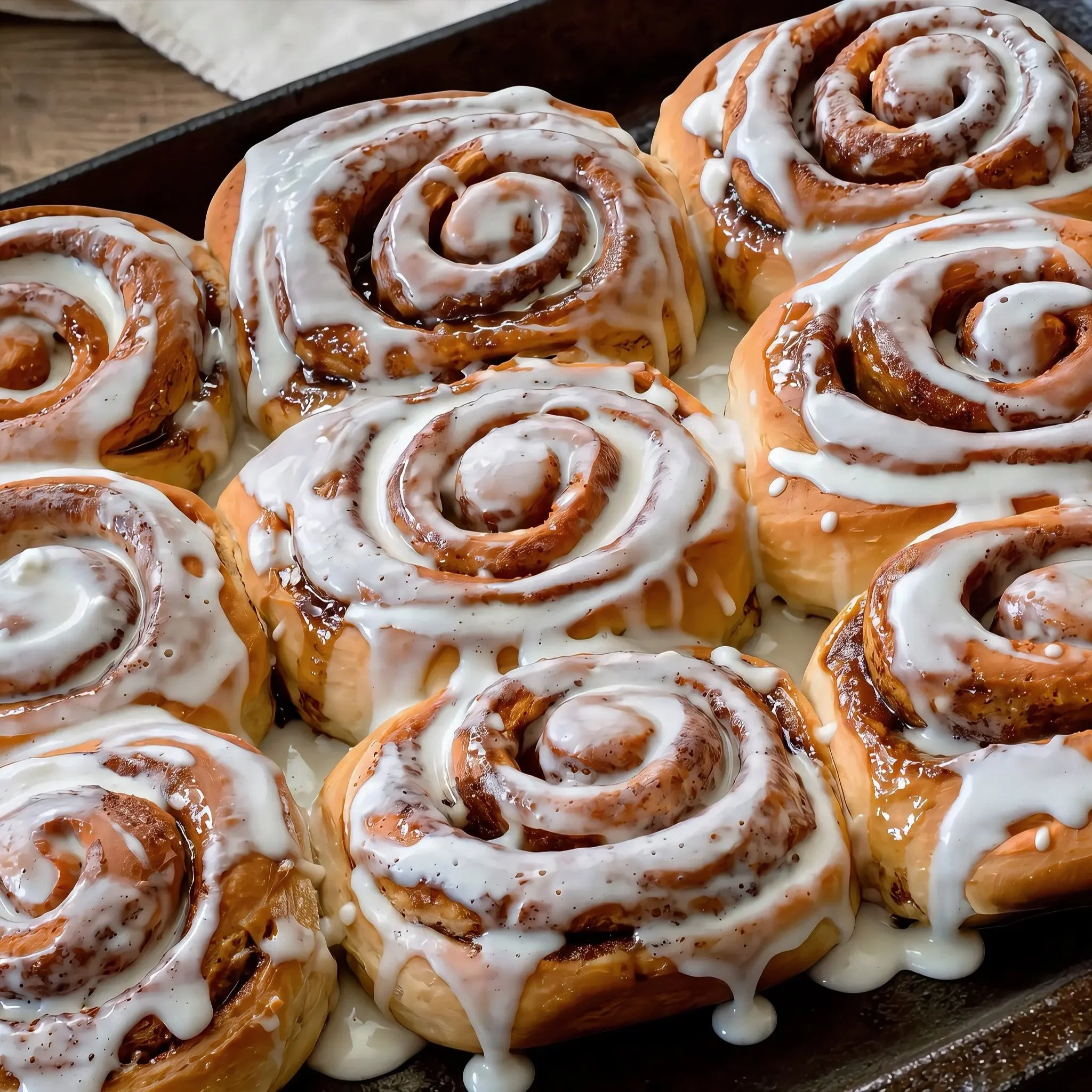 Close-up of cinnamon rolls topped with white icing glaze on a tray.