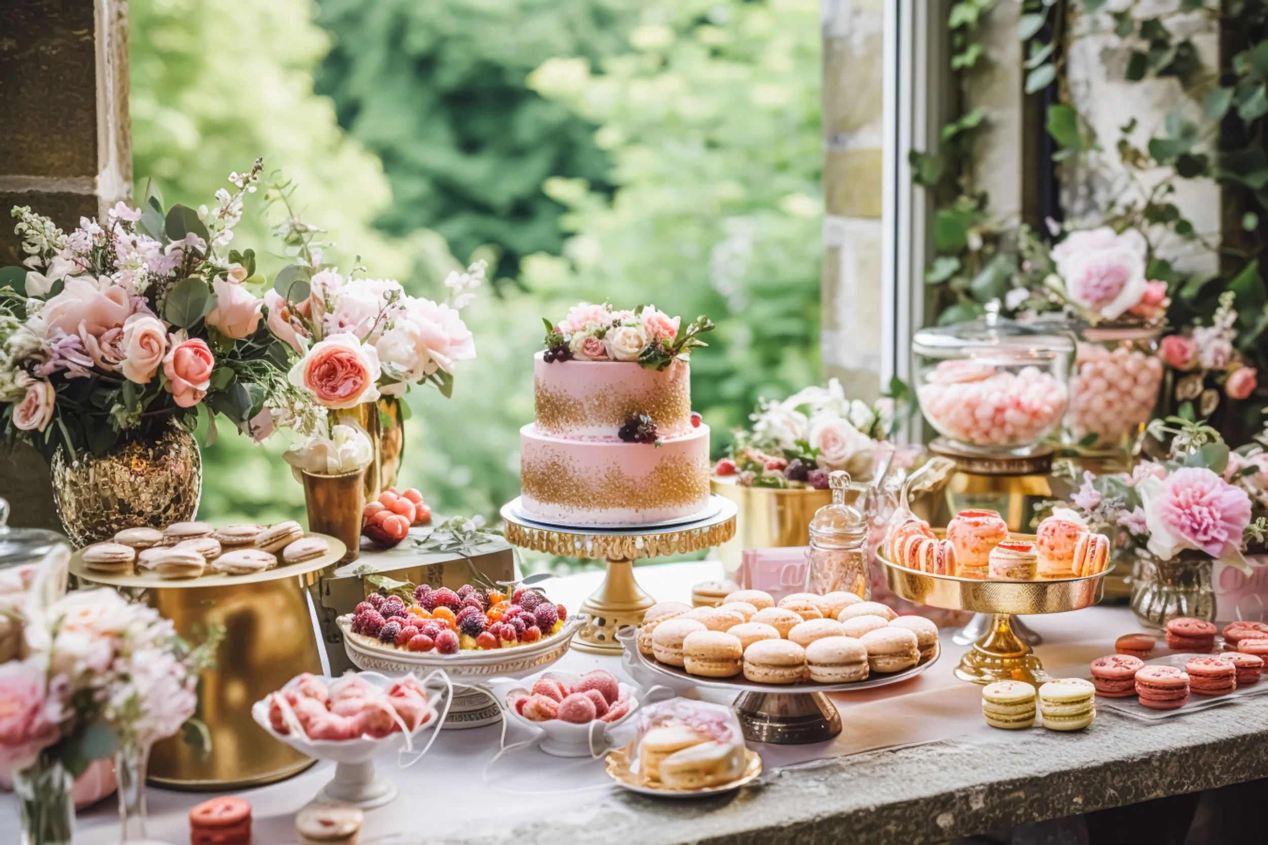Dessert table featuring an assortment of homemade cakes, cupcakes, cookies, and desserts by HottMitts Bakery