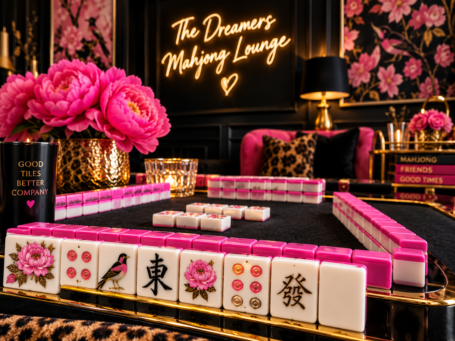 A decorated mahjong table with pink and white tiles, a bouquet of pink flowers, a black mug with gold text, and pink floral decor in a lounge setting with a neon sign reading 'The Dreamers Mahjiong Lounge'.
