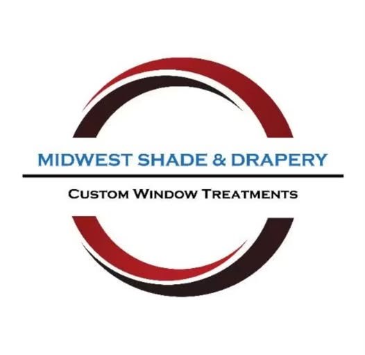 Logo for Midwest Shade & Drapery featuring the business name and the tagline Custom Window Treatments with a circular red, black, and white design.