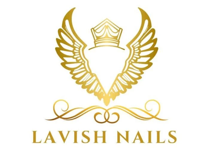 Gold logo of a crown with wings above the words "Lavish Nails."