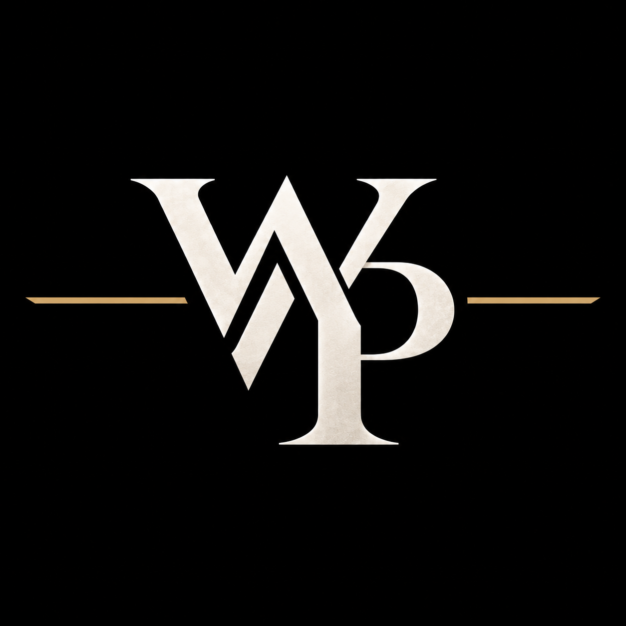 Stylized logo with overlapping large beige letters W, 3, P and Y on a black background, with thin beige lines extending from both sides of the logo.