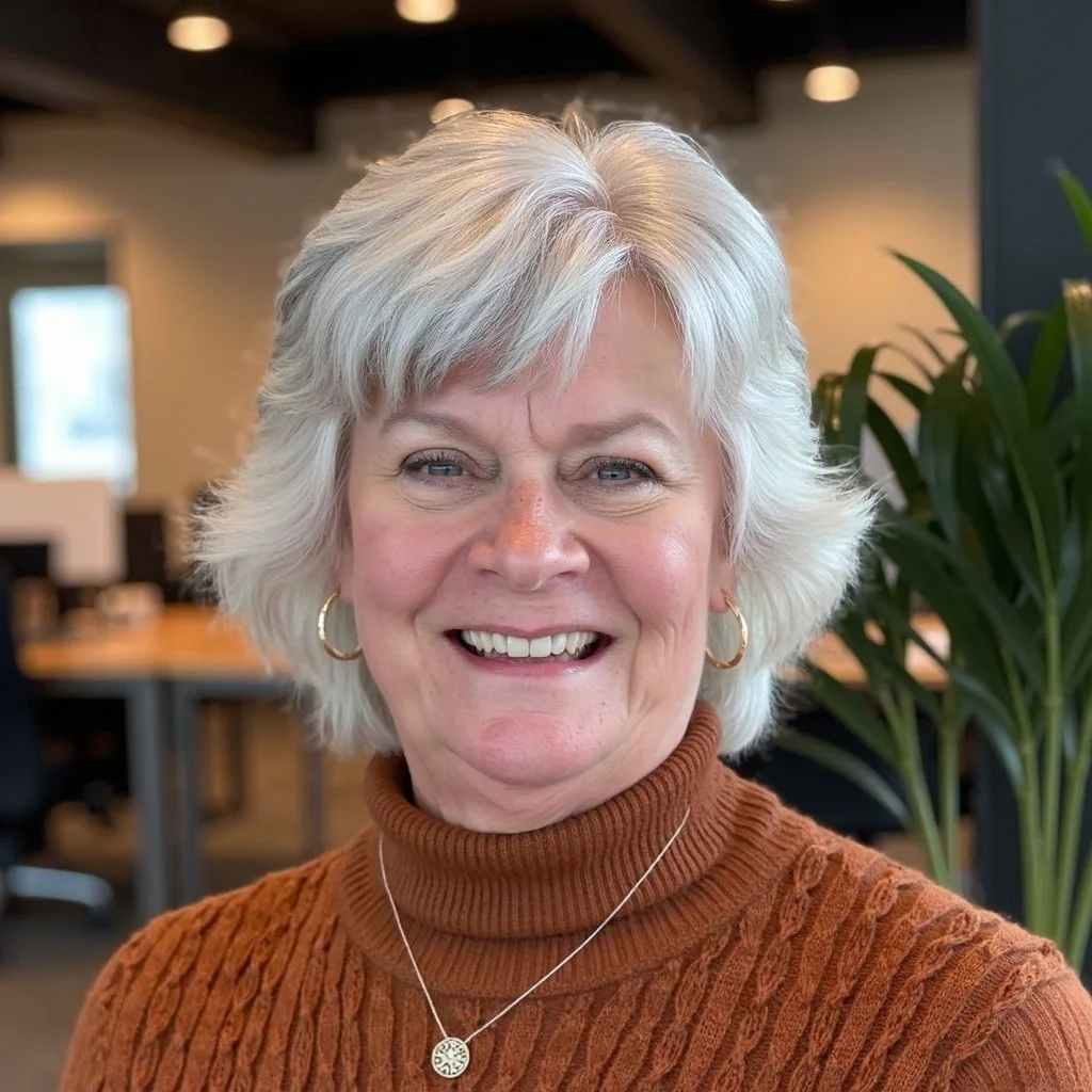 A smiling older woman with short, wavy, gray hair wearing a rust-colored turtleneck sweater, gold hoop earrings, and a necklace, indoors with a background of a modern office or café setting.