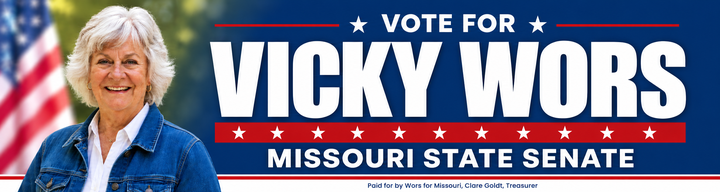 A political campaign sign for Vicky Wors running for Missouri State Senate. The sign features a smiling woman in a denim jacket with a blue background, white text, and red accents.